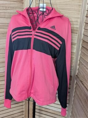 Adidas Pink Black Striped Athletic Sport Jacket Zip Women Size M